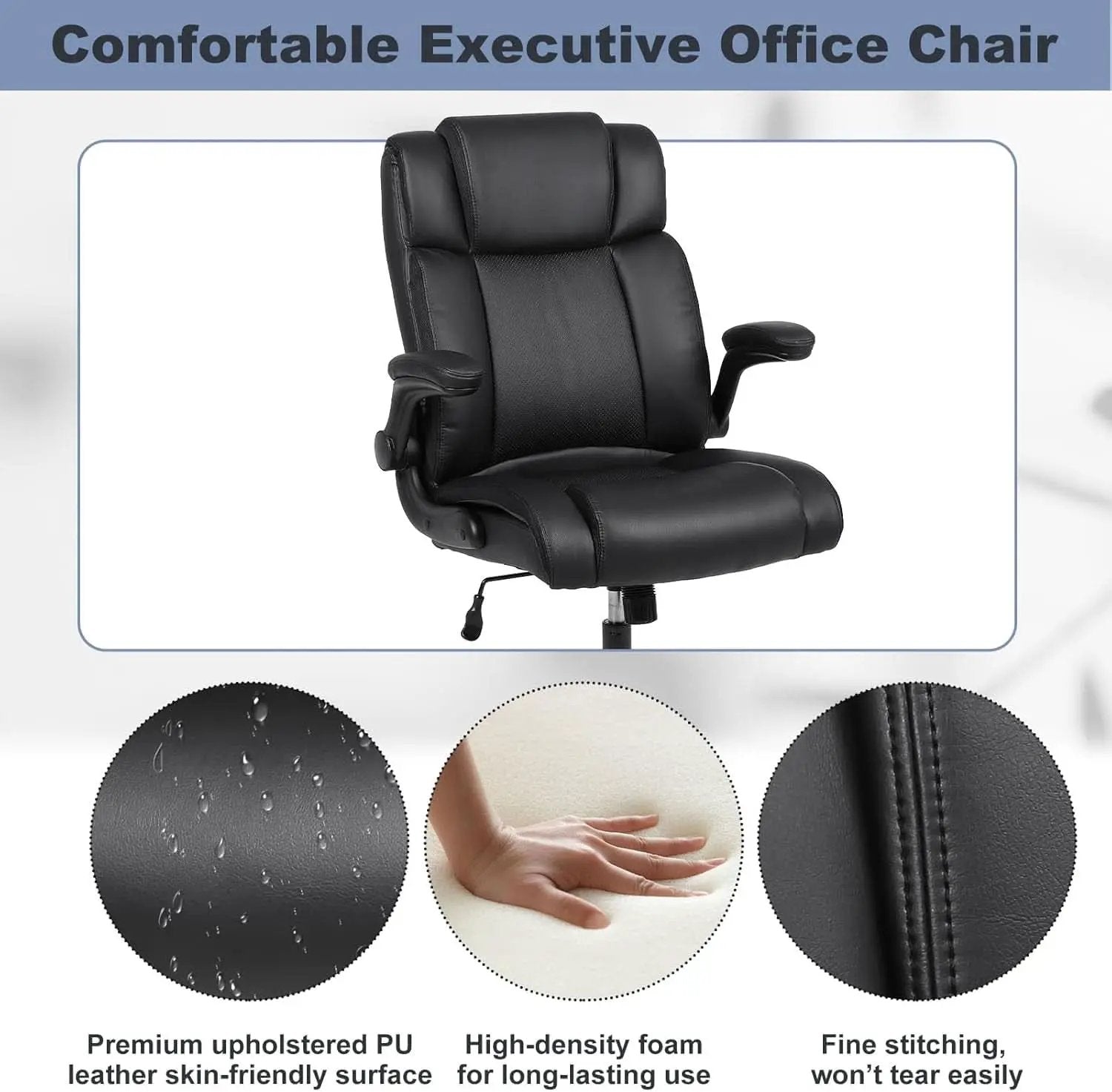 Black Leather Office Chair With Flip Up Armrests And Wheels from PriceLows™