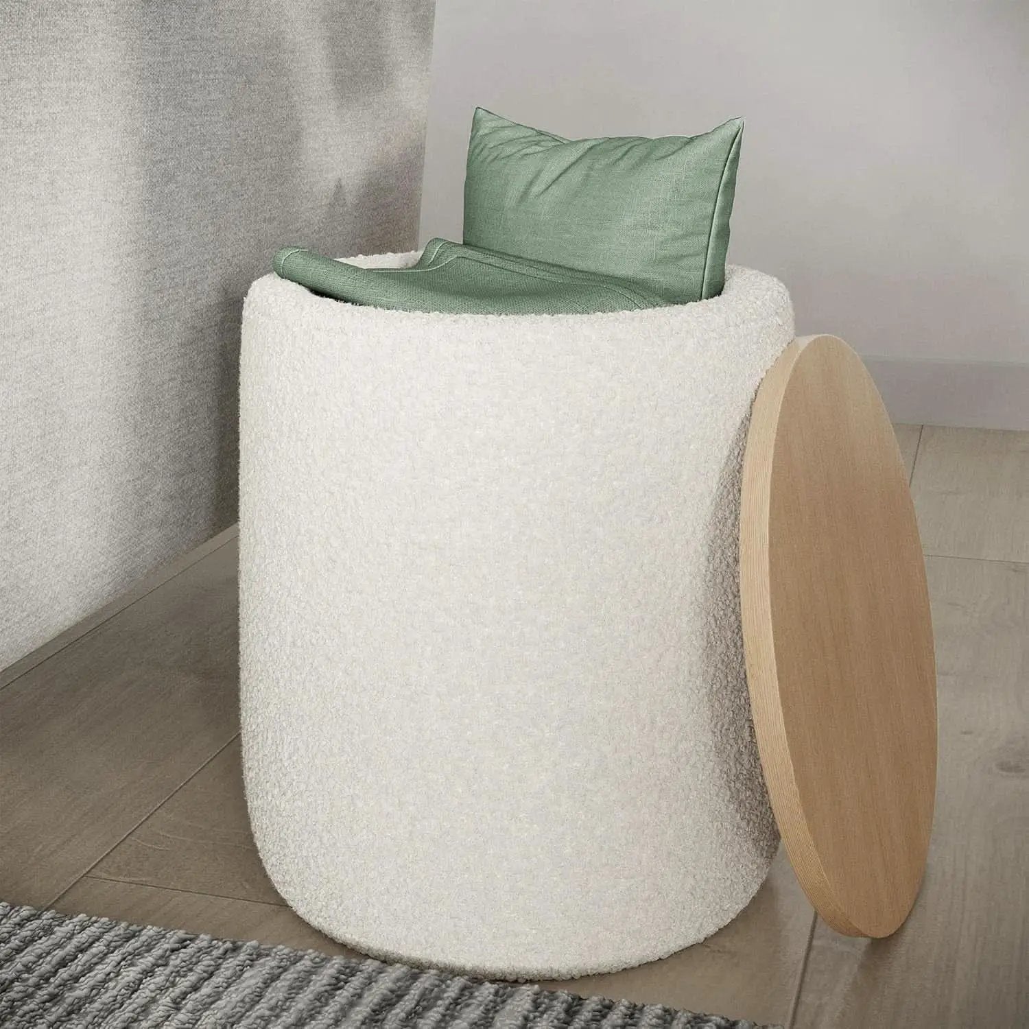 Cream Textured Storage Ottoman Removable Lid Walnut from PriceLows™
