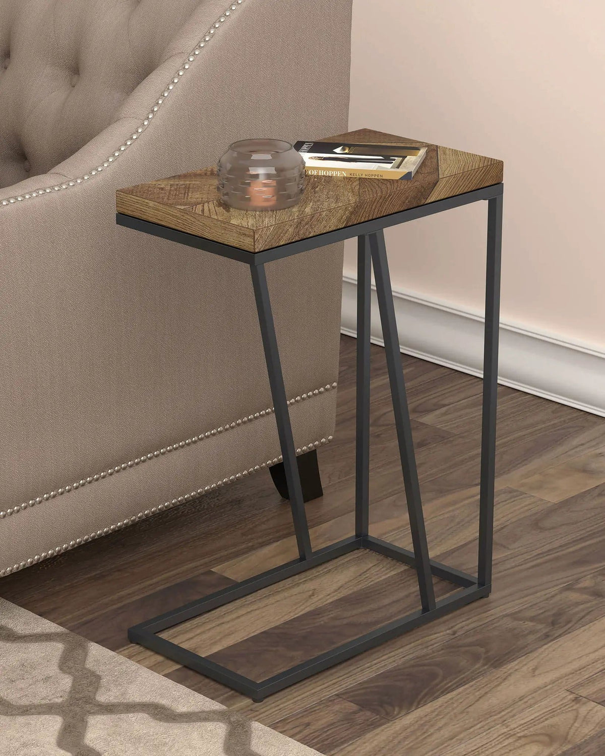 Sergio Engineered Wood C-Shaped Side Table Rustic Tobacco | 10 x 18 x 25 in | Engineered Wood & Metal | Home