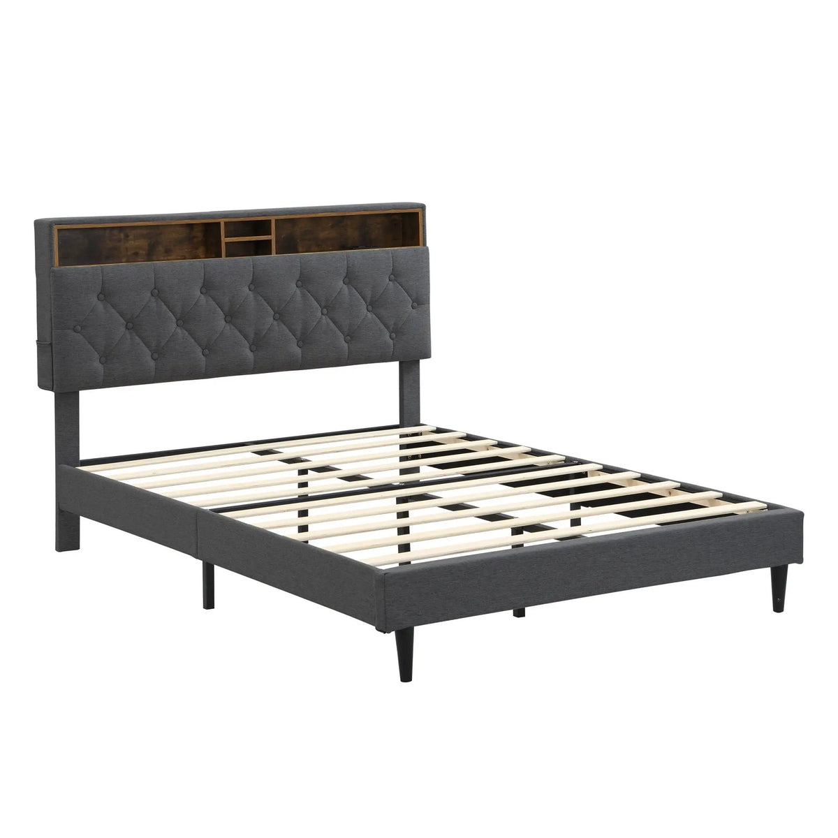 Upholstered Platform Bed Frame | Button Tufted Headboard | Two Storage Compartments | USB Ports And Outlets