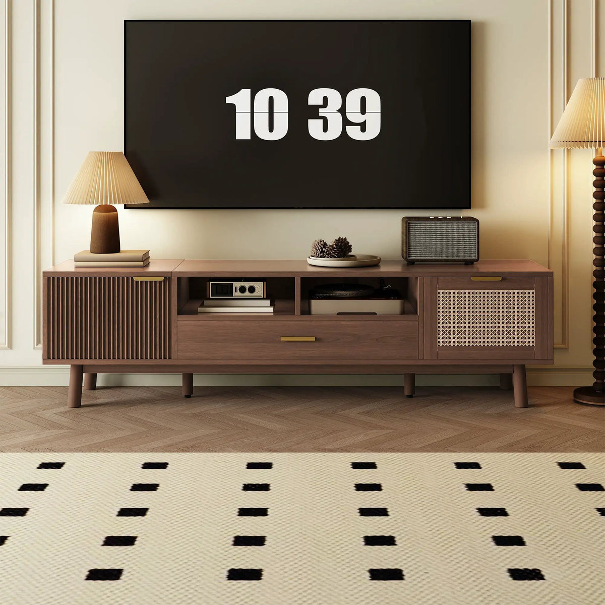 75 Inch TV Stand | Soft Closing Doors | Interwoven Rattan Door | Drop Down Cabinet