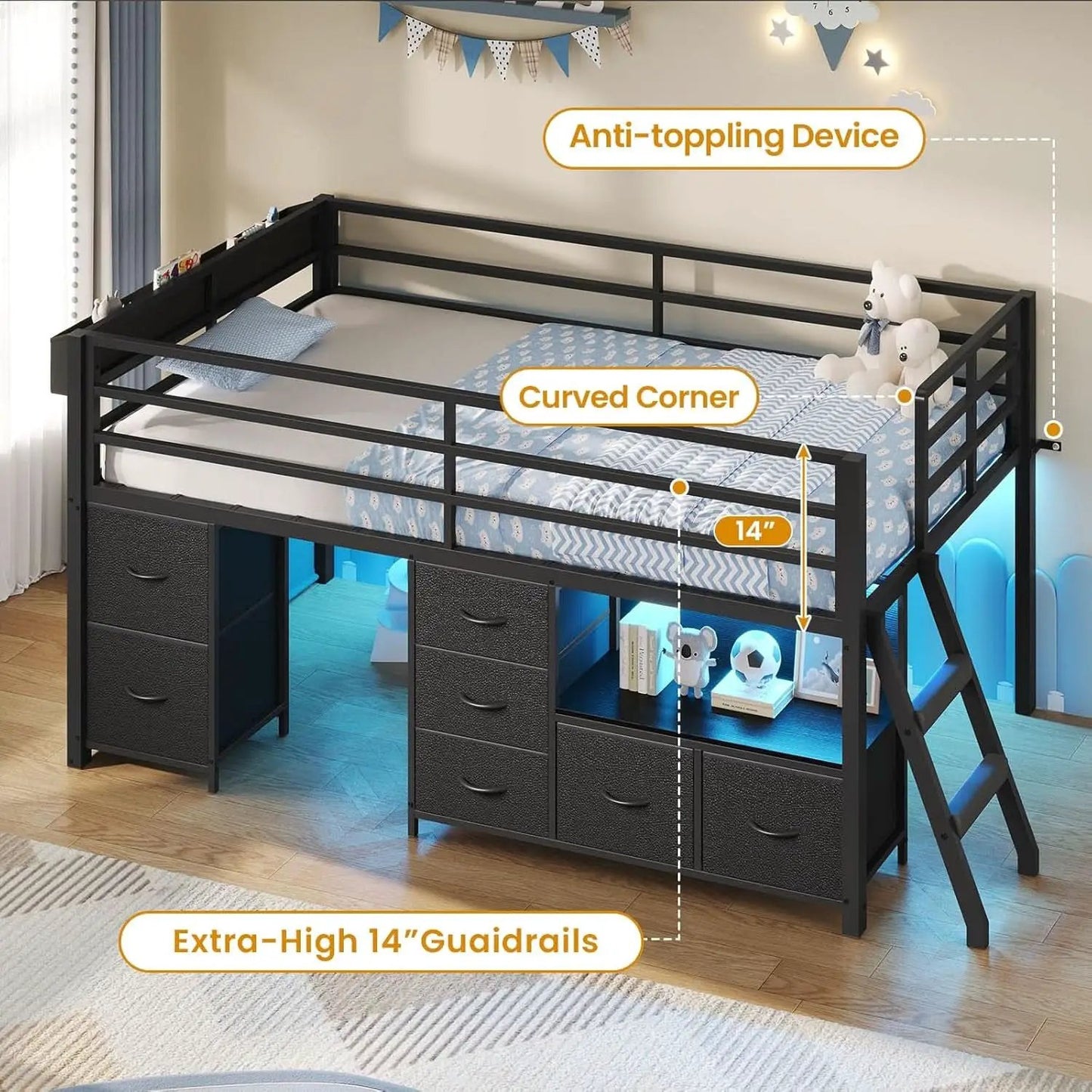 Twin Loft Bed With LED Lights And Storage Drawers Included from PriceLows™
