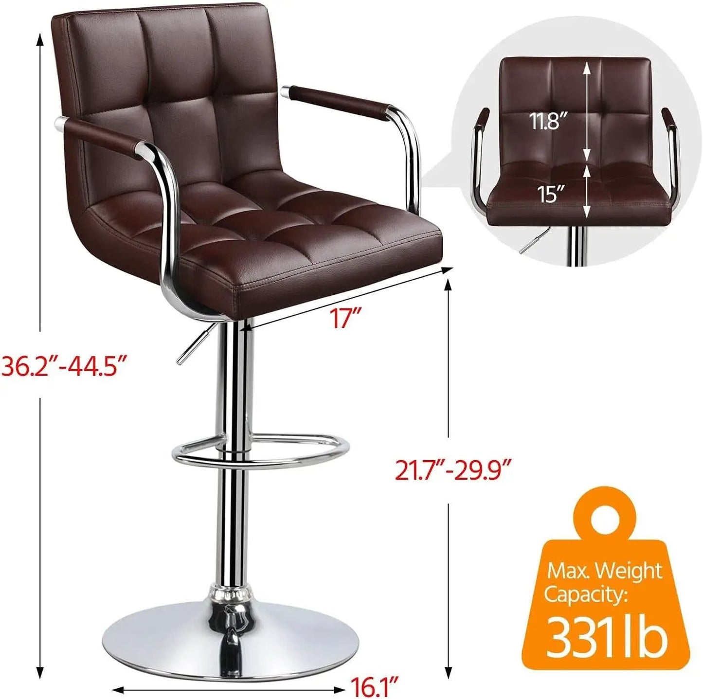 Adjustable Bar Stools Set Of 2 360 Swivel Brown PU Leather from PriceLows™