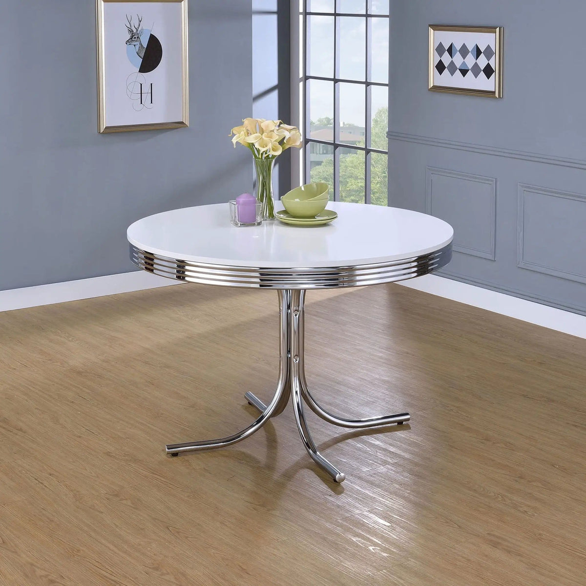 Retro Round 42-inch Wood Top Dining Table White and Chrome | 42 x 42 x 30 in | Engineered Wood & Veneer | Dining Room