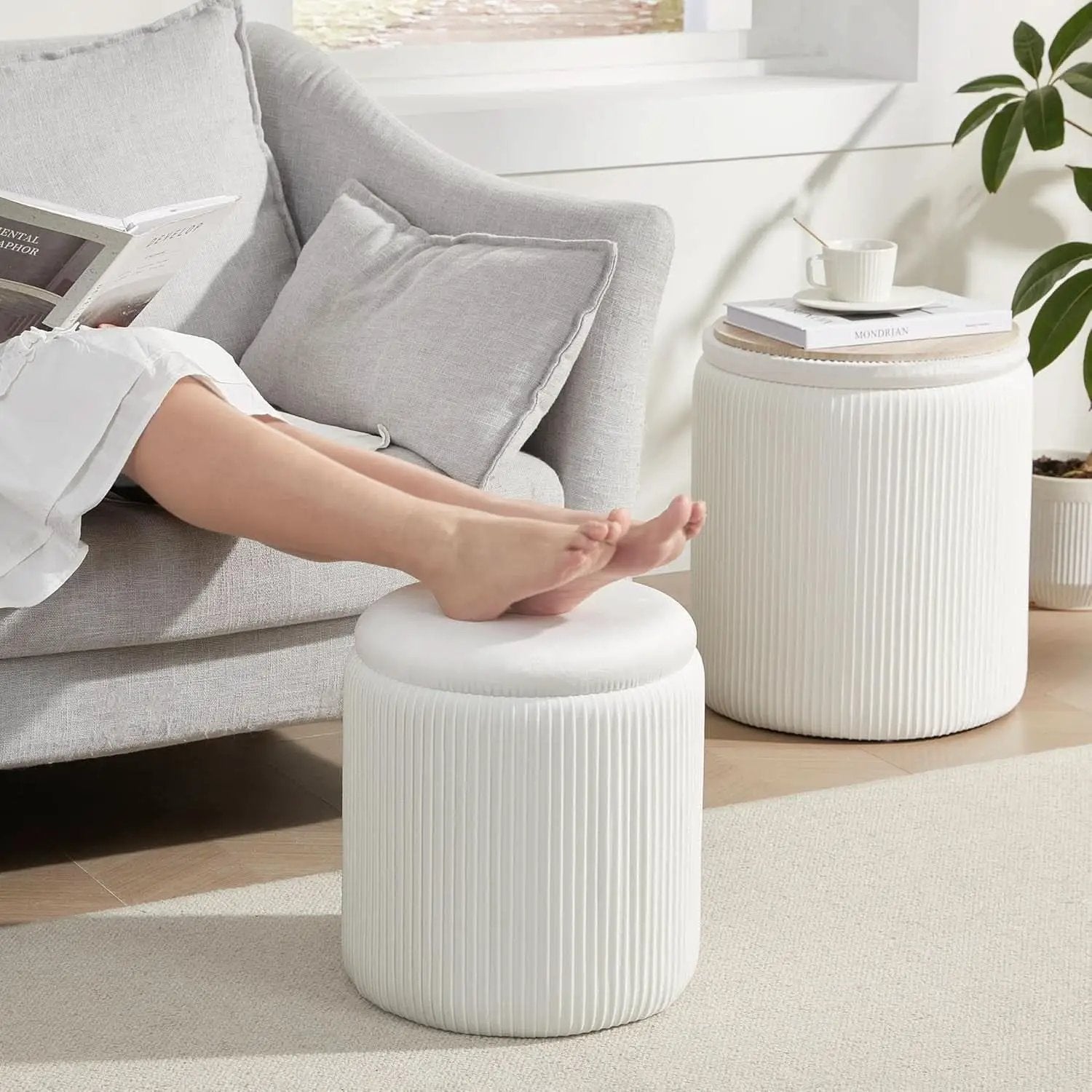Compact Round Velvet Storage Ottoman TwoPack White from PriceLows™