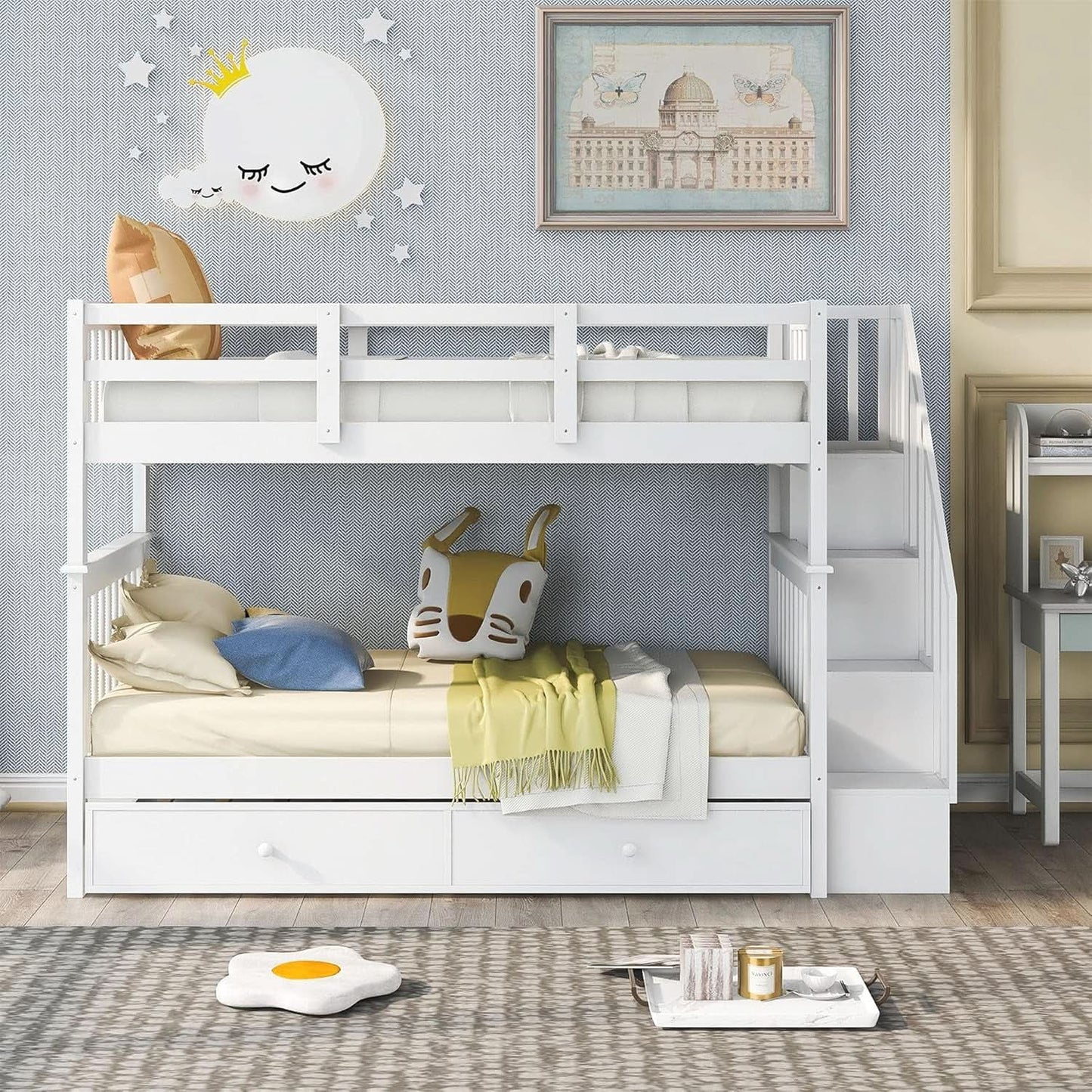 Twin Over Twin Bunk Bed With Stairs And Trundle White from PriceLows™
