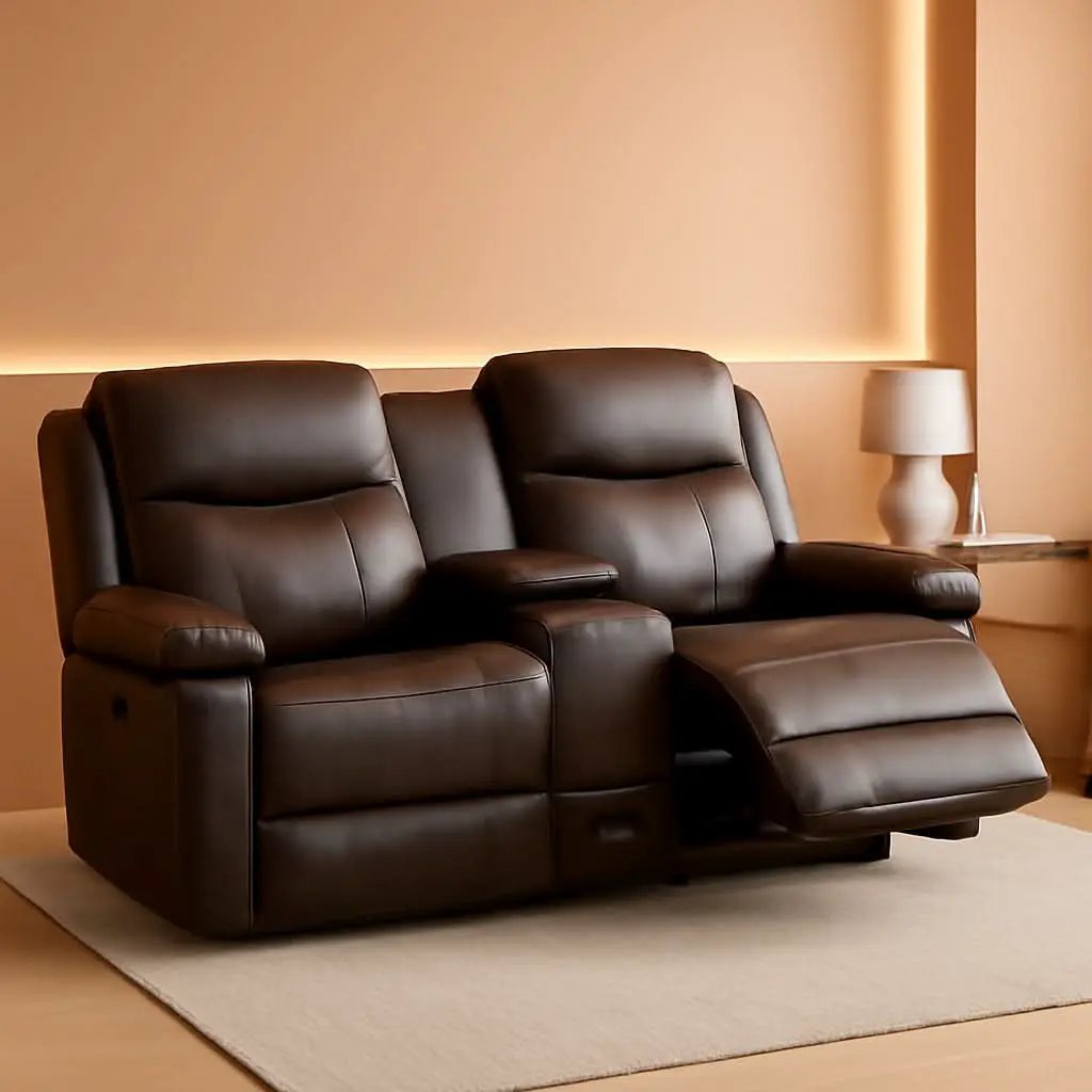 Brown PU Leather Two Seater Loveseat Recliner With Console And Double Reclining from PriceLows™