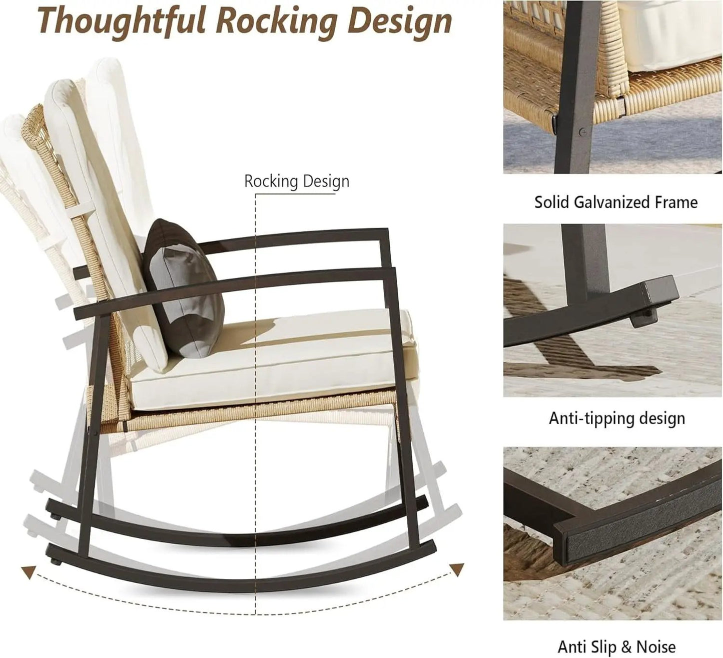 Beige Patio Rocking Chairs Set With Glass Coffee Table from PriceLows™