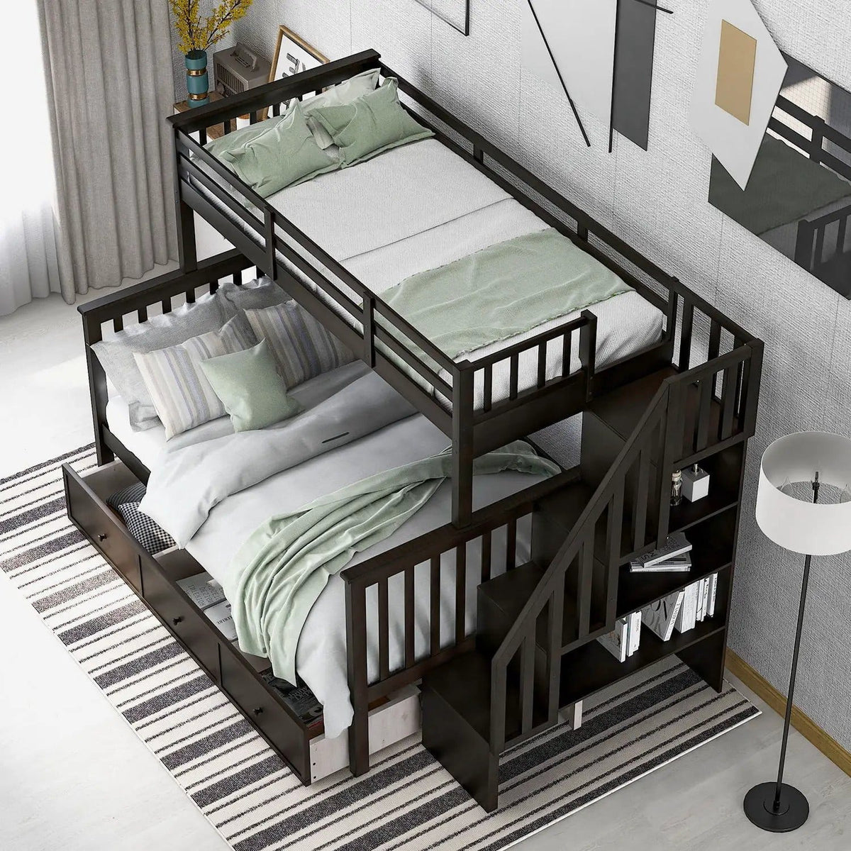 Stairway Bunk Bed With Storage And Guard Rail For Bedroom | 2 Pieces | Bedroom Furniture | Bedroom