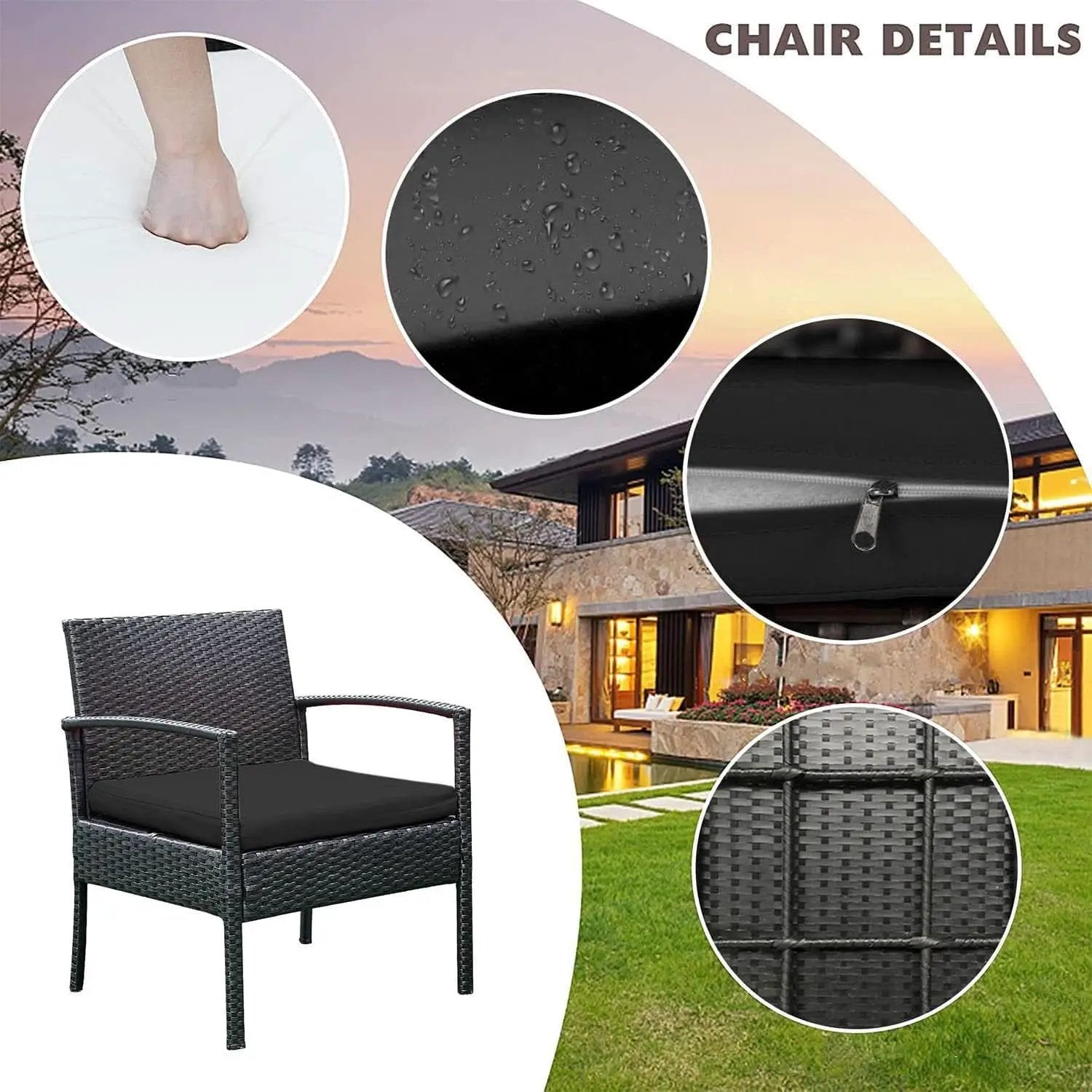 3 Piece Patio Rattan Conversation Chairs Set Outdoor Furniture Black Wicker For Garden Balcony Porch Yard from PriceLows™