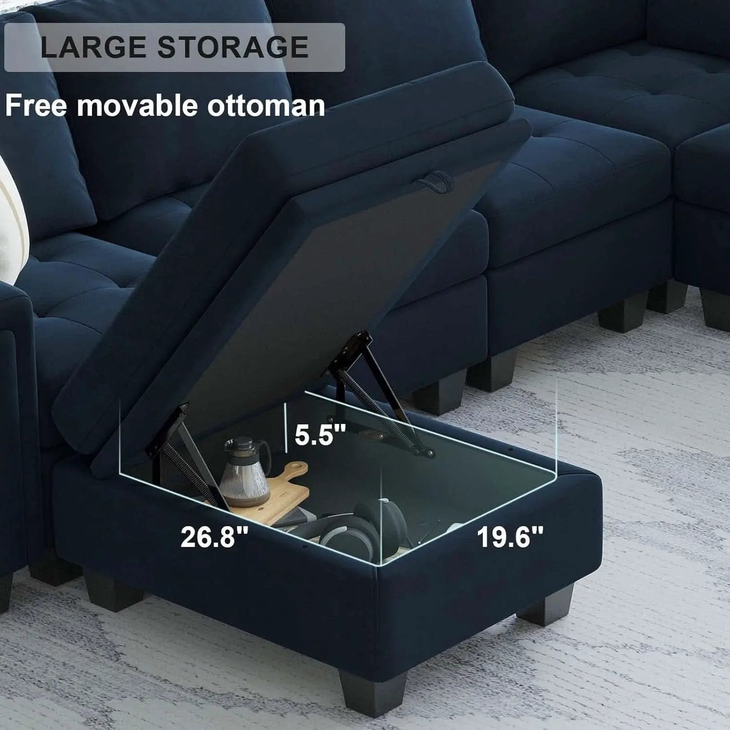 Velvet L Shaped Sofa Reversible Chaise Storage Ottoman Blue from PriceLows™