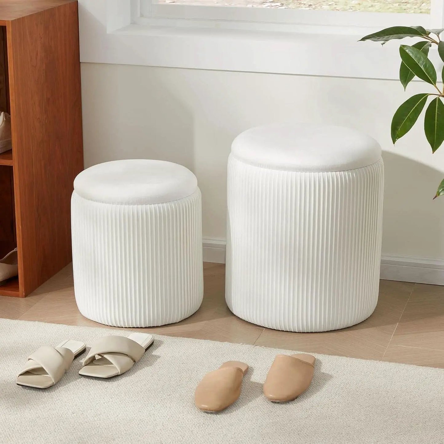 Compact Round Velvet Storage Ottoman TwoPack White from PriceLows™
