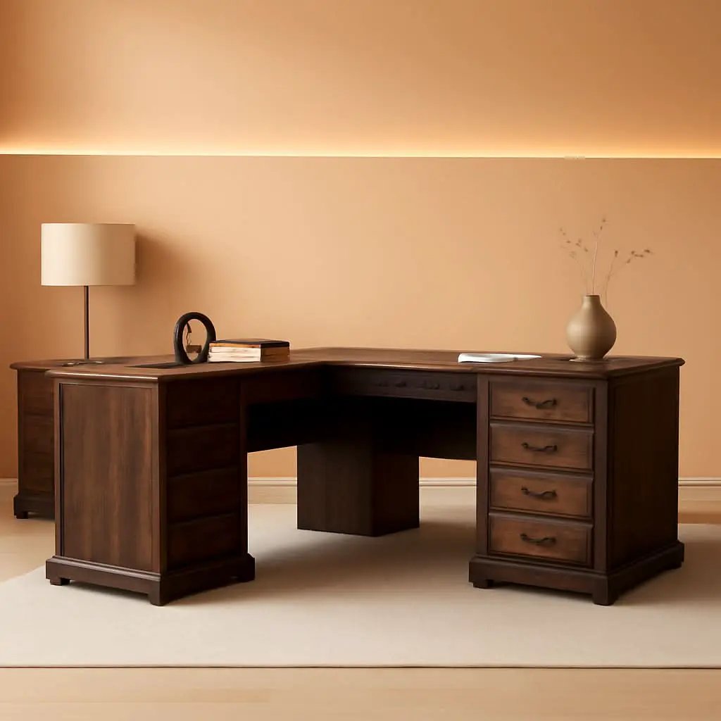 60In Farmhouse L Shaped Desk With Drawers Charging Oak from PriceLows™
