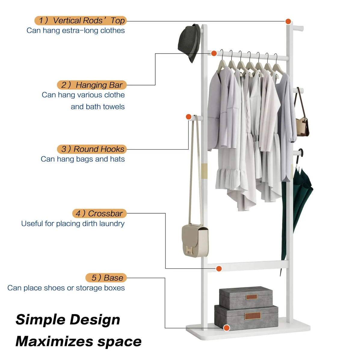 Solid Wood Hat Rack | Freestanding Coat Rack | Rubber Wood | 71 Inch Height