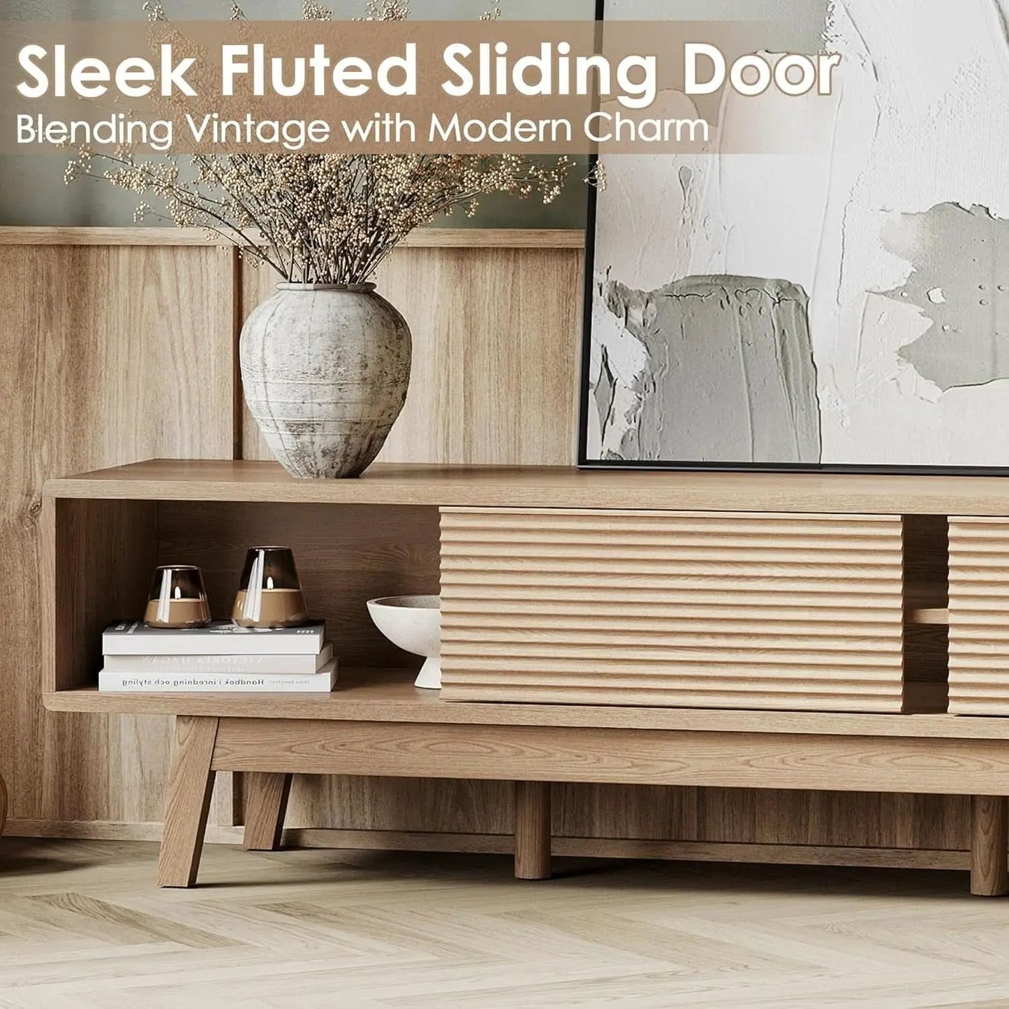 59 Inch Mid Century Modern TV Console Fluted Doors from PriceLows™