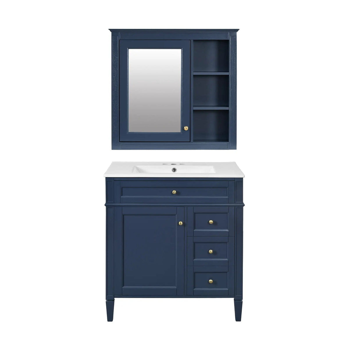 Bathroom Vanity With Top Sink, 2 Doors And 3 Drawers, Freestanding Set With Mirror | Vanity & Cabinet | Solid Wood & Ceramic | Bathroom