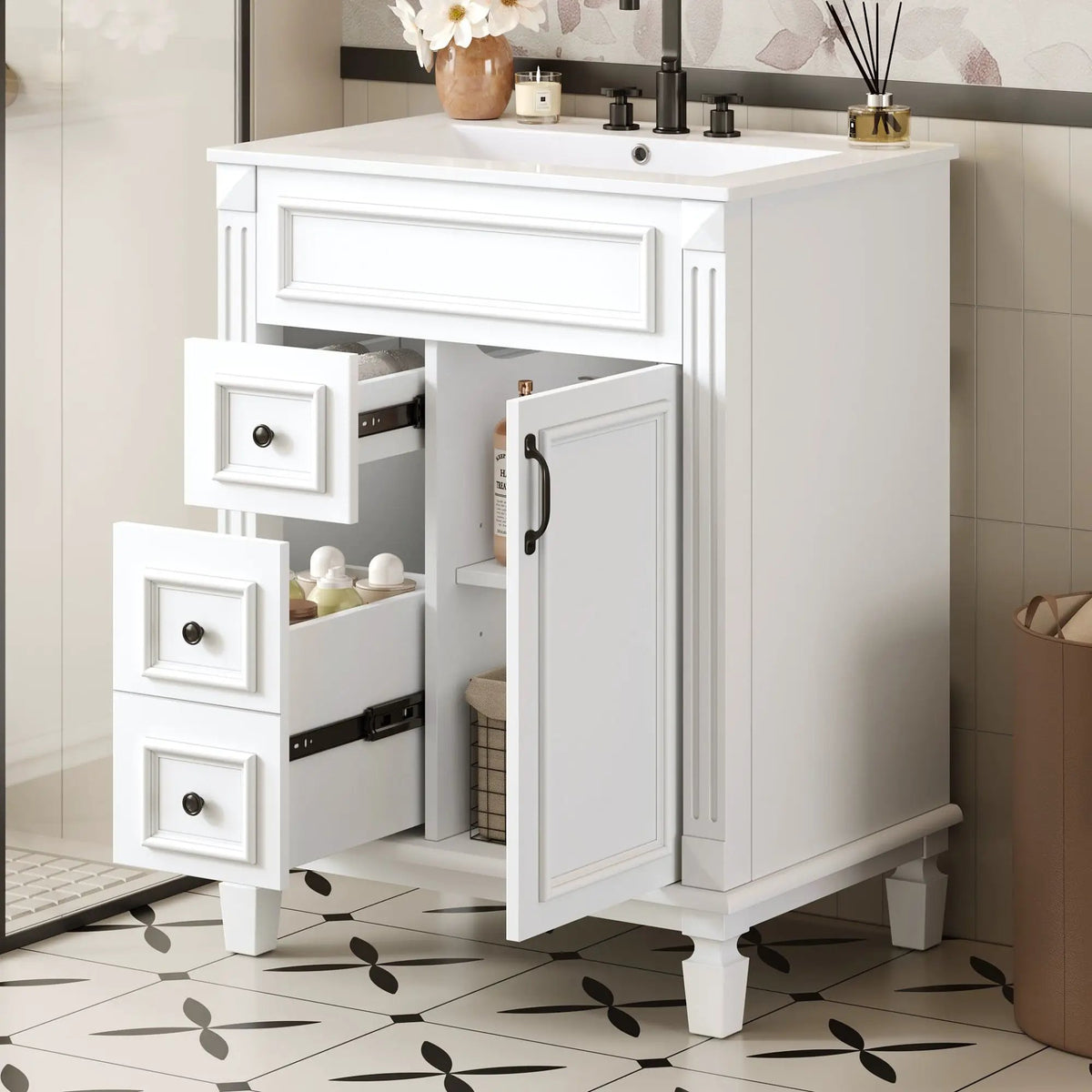 24 Inch Compact Bathroom Vanity | 2 Deep Drawers | Adjustable Shelf | Retro Button Handles