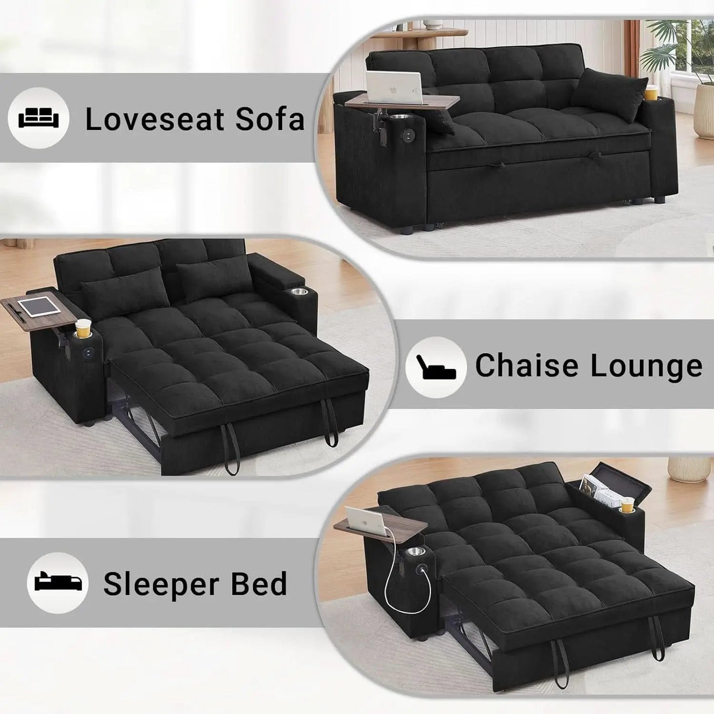 65Inches Transformable Sleeper Sofa Bed Black USBPort from PriceLows™