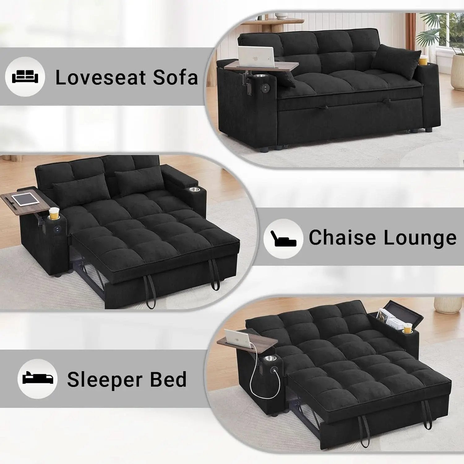 65Inches Transformable Sleeper Sofa Bed Black USBPort from PriceLows™