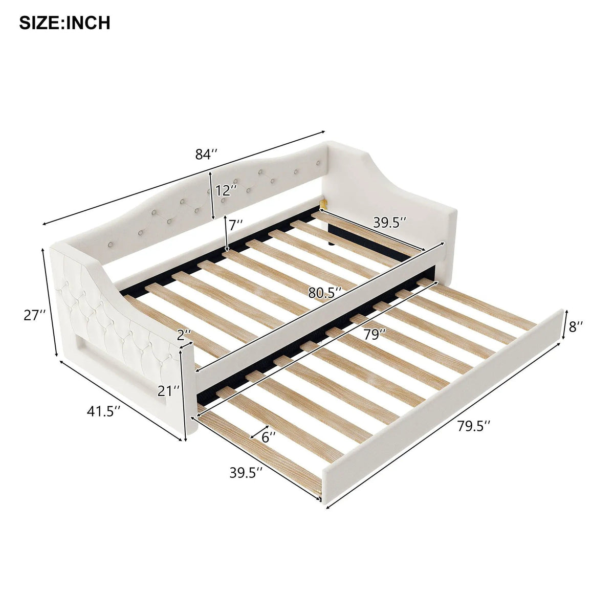 Daybed With LED Lights | Upholstered Trundle Daybed | Thickly Padded Sponge | 84 Inch Length