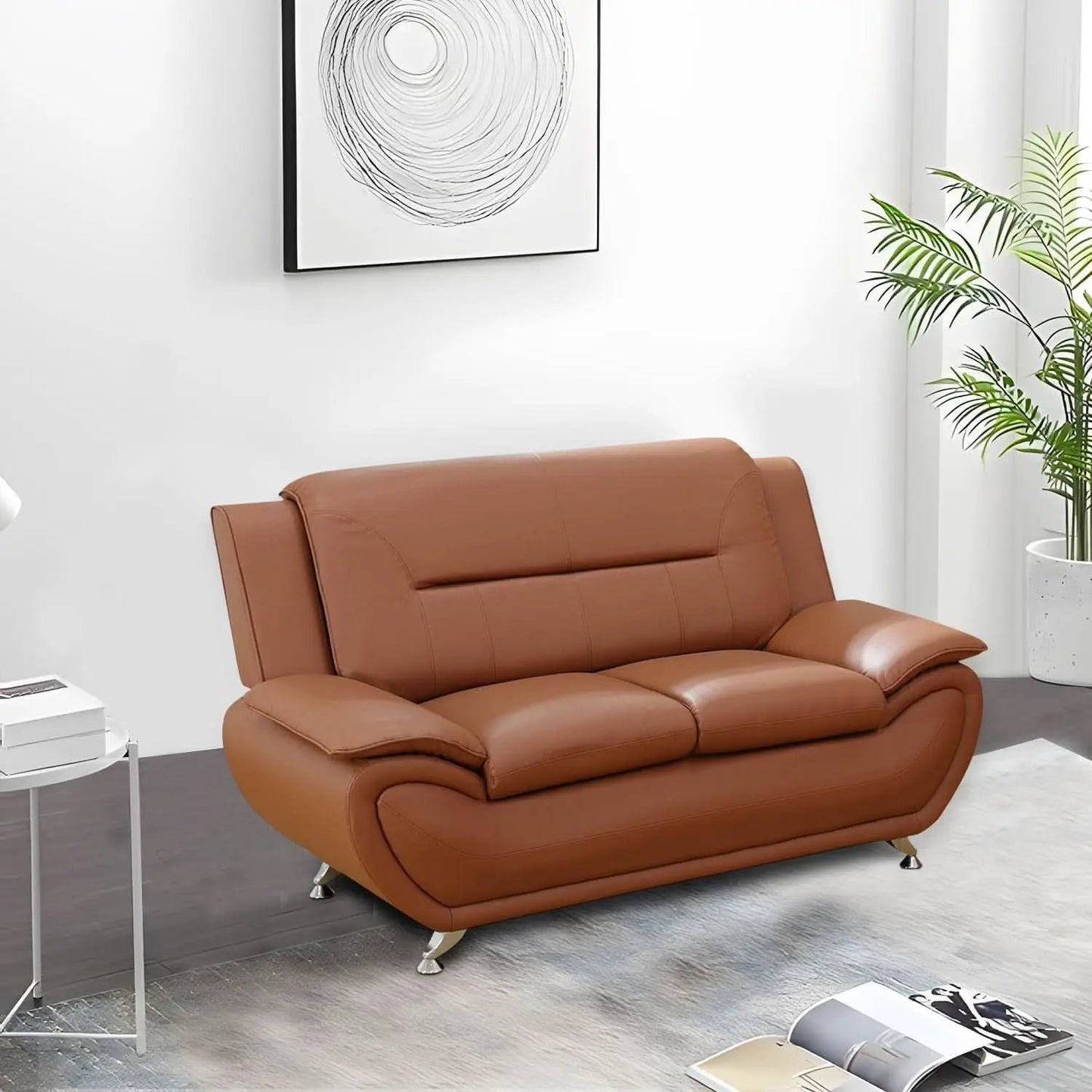 Faux Leather Two Piece Sofa Set In Orange With Wood Frame from PriceLows™