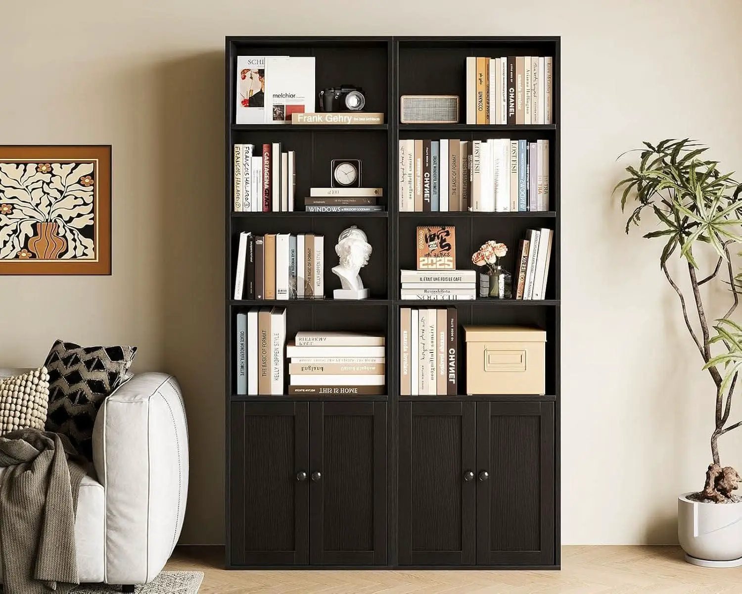 Black Six Tier Floor Standing Bookshelf With Doors from PriceLows™
