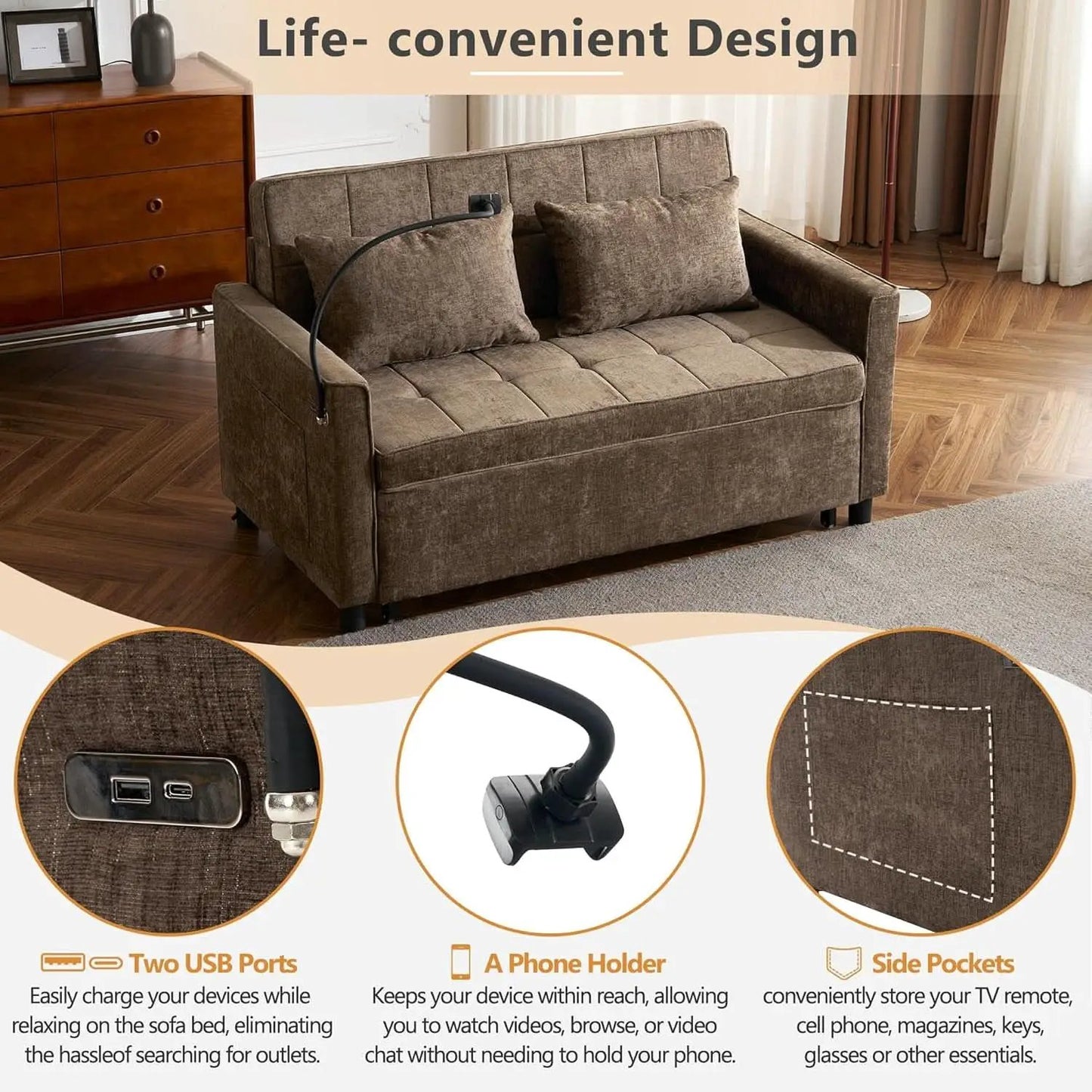 Premium Grade Ultra Chenille Sleeper Sofa With USB Ports from PriceLows™
