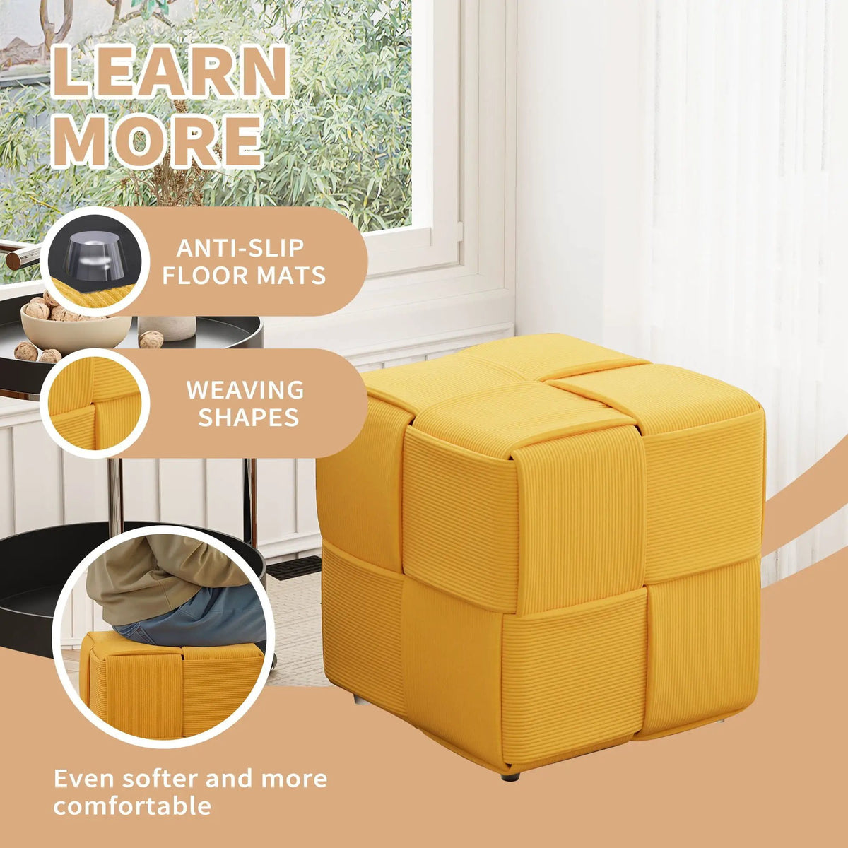 Modern Ottoman Foot Rest | Woven Design | Engineered Wood Frame | 14.2 Inch Cube