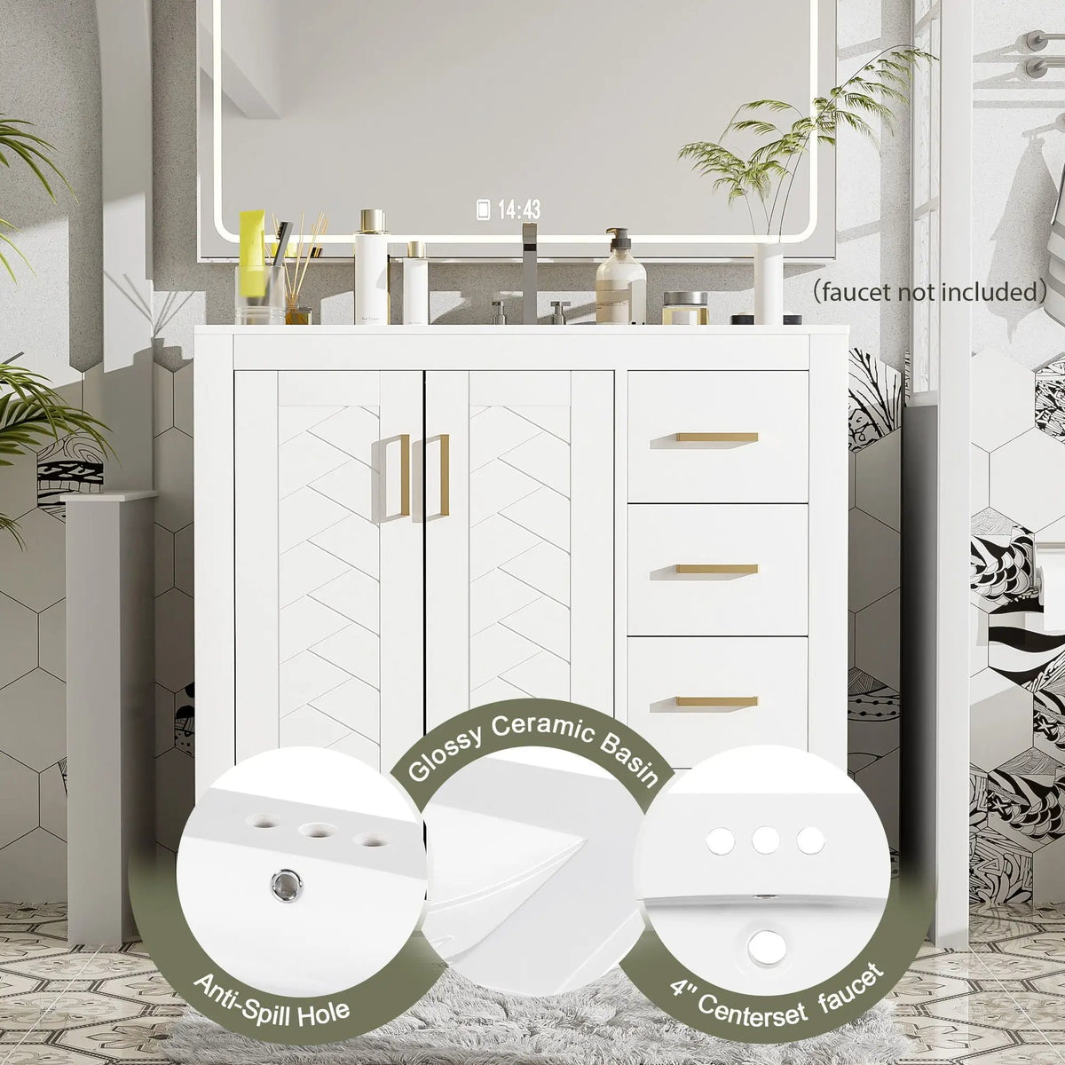 36 Inch Bathroom Vanity | Ceramic Sink Combo | 3 Drawers | Soft Closing Doors