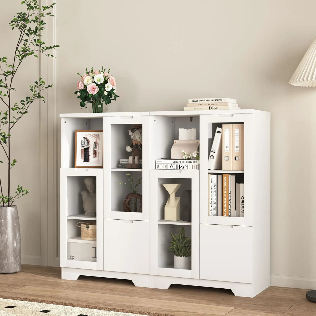 Modern Storage Cabinet | Adjustable Shelves | Double Glass Doors | Gray