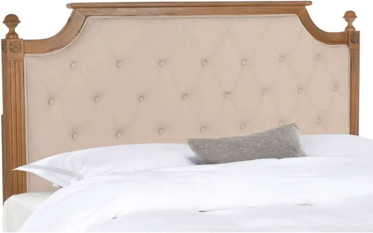 Tufted Linen Headboard in Beige and Rustic Oak from PriceLows™