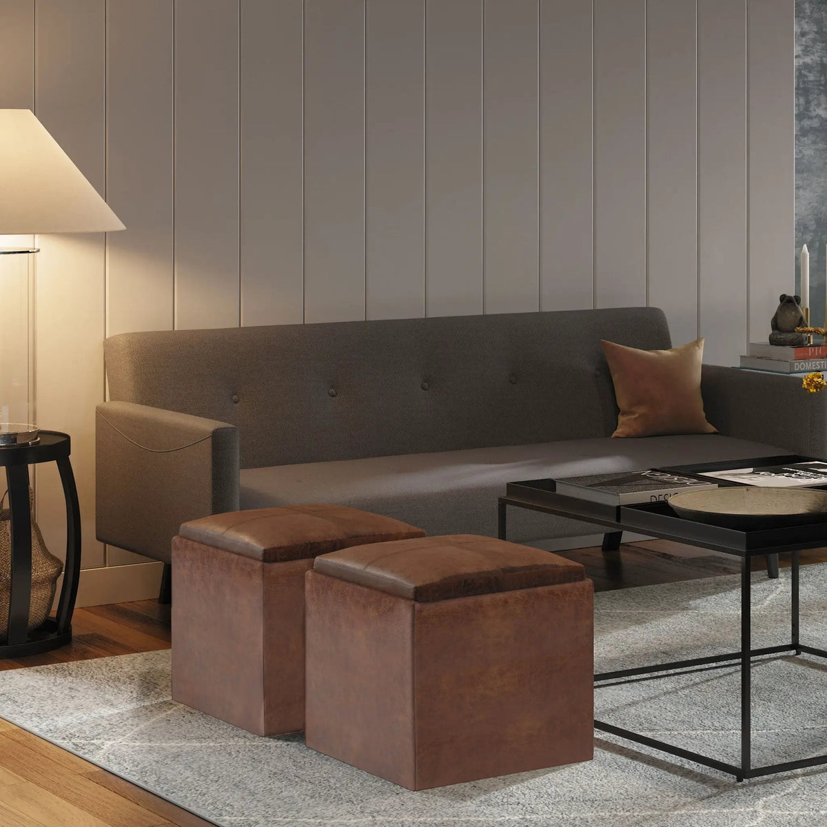 Rockwood Upholstered Cube Ottoman | Flip Over Serving Tray | Large Interior Storage | 16.9 Inch Cube