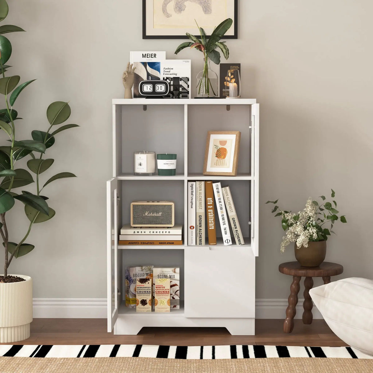 Modern Storage Cabinet | Adjustable Shelves | Double Glass Doors | Gray