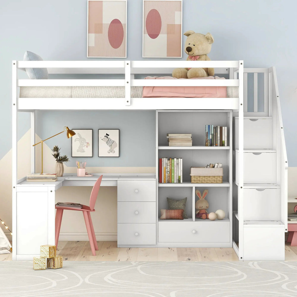 Loft Bed | L Shaped Desk | Storage Staircase | Built In Drawers