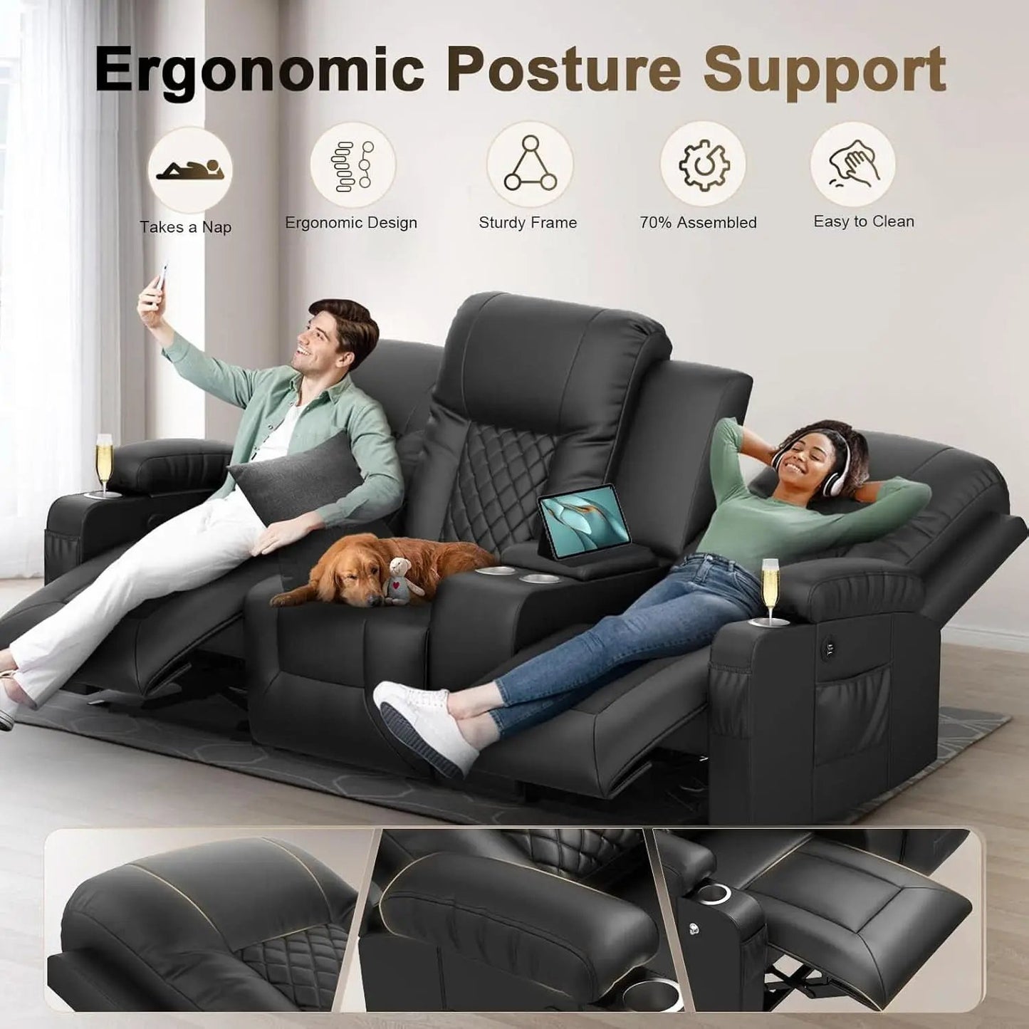 Three Seat Recliner Sofa With USB Ports And Storage from PriceLows™