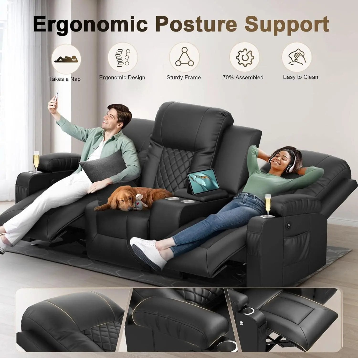 Three Seat Recliner Sofa With USB Ports And Storage from PriceLows™