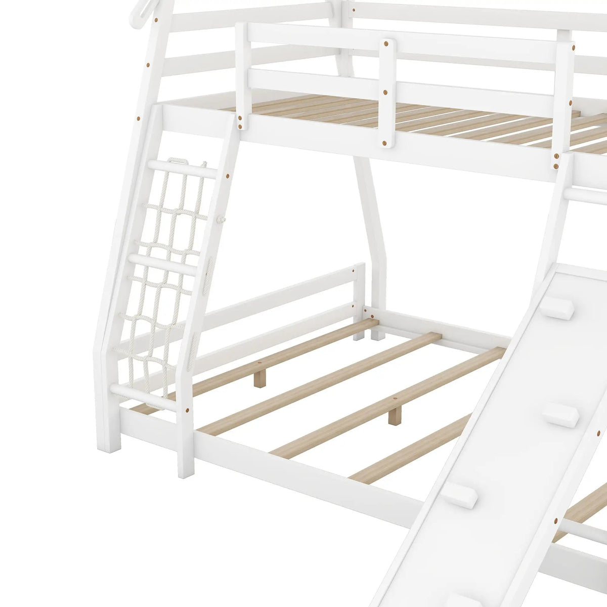 House Bunk Bed | Twin Over Queen | Solid Pine | Climbing Net And Ramp