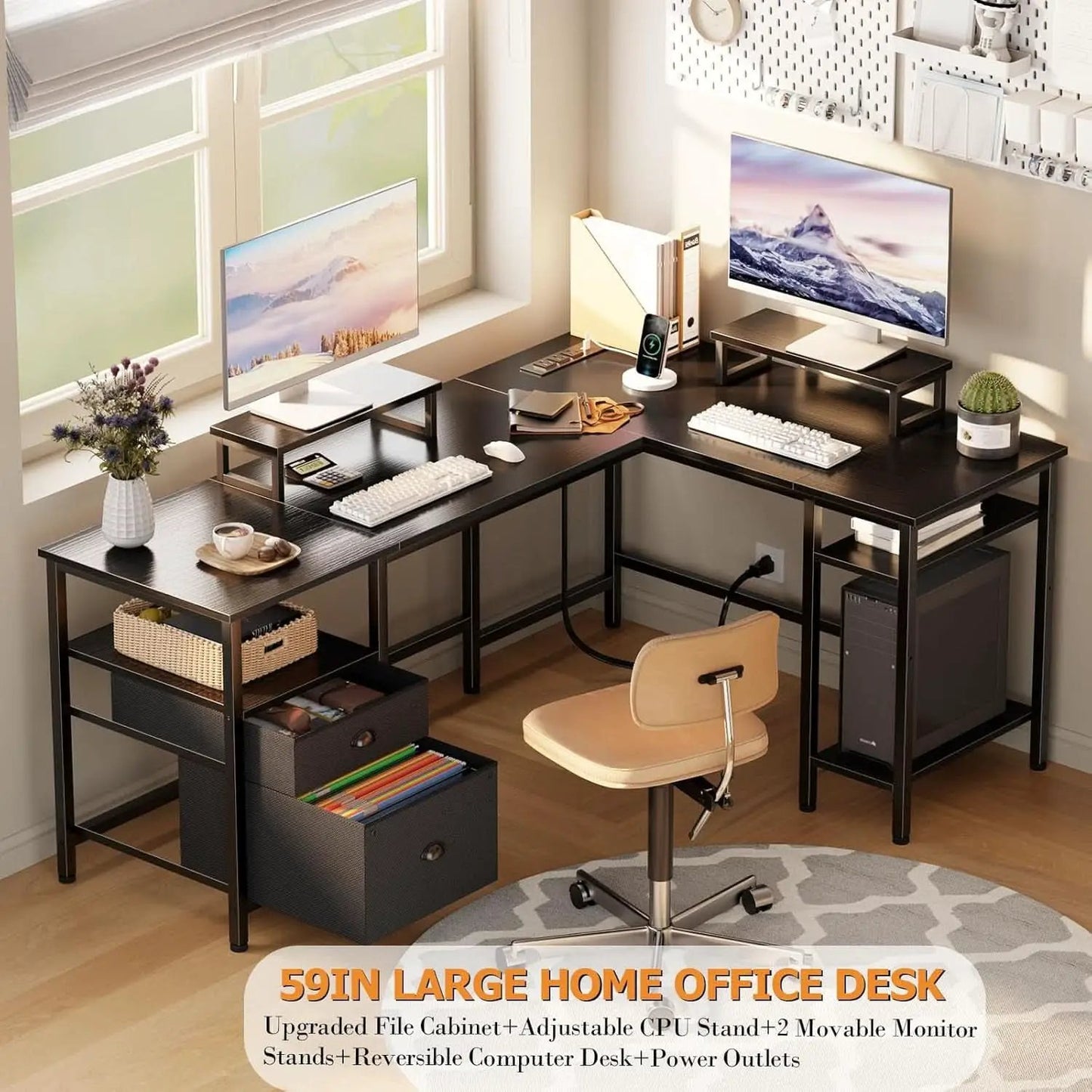 Fifty Nine Inch L Shaped Desk With Black Storage Drawers Unit from PriceLows™