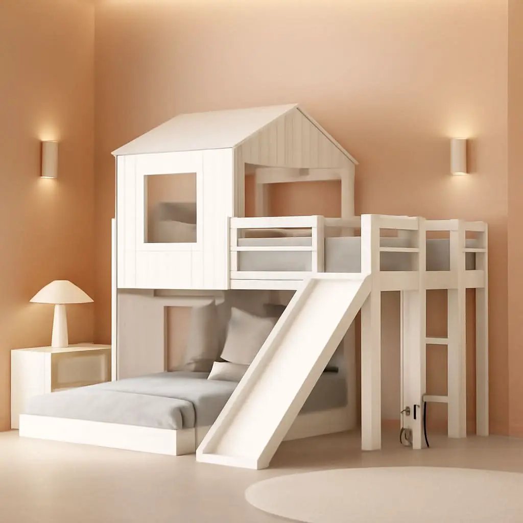 Twin Over Full Bunk Bed With Slide With Guardrails White from PriceLows™