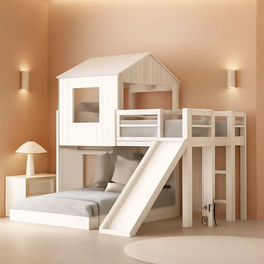 Twin Over Full Bunk Bed With Slide With Guardrails White from PriceLows™