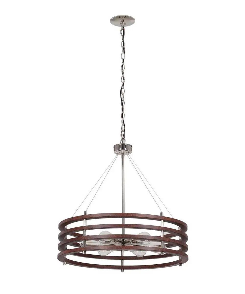 Pendant Light | Polished Nickel | 6 Light | 24 Inch Mahogany Wood