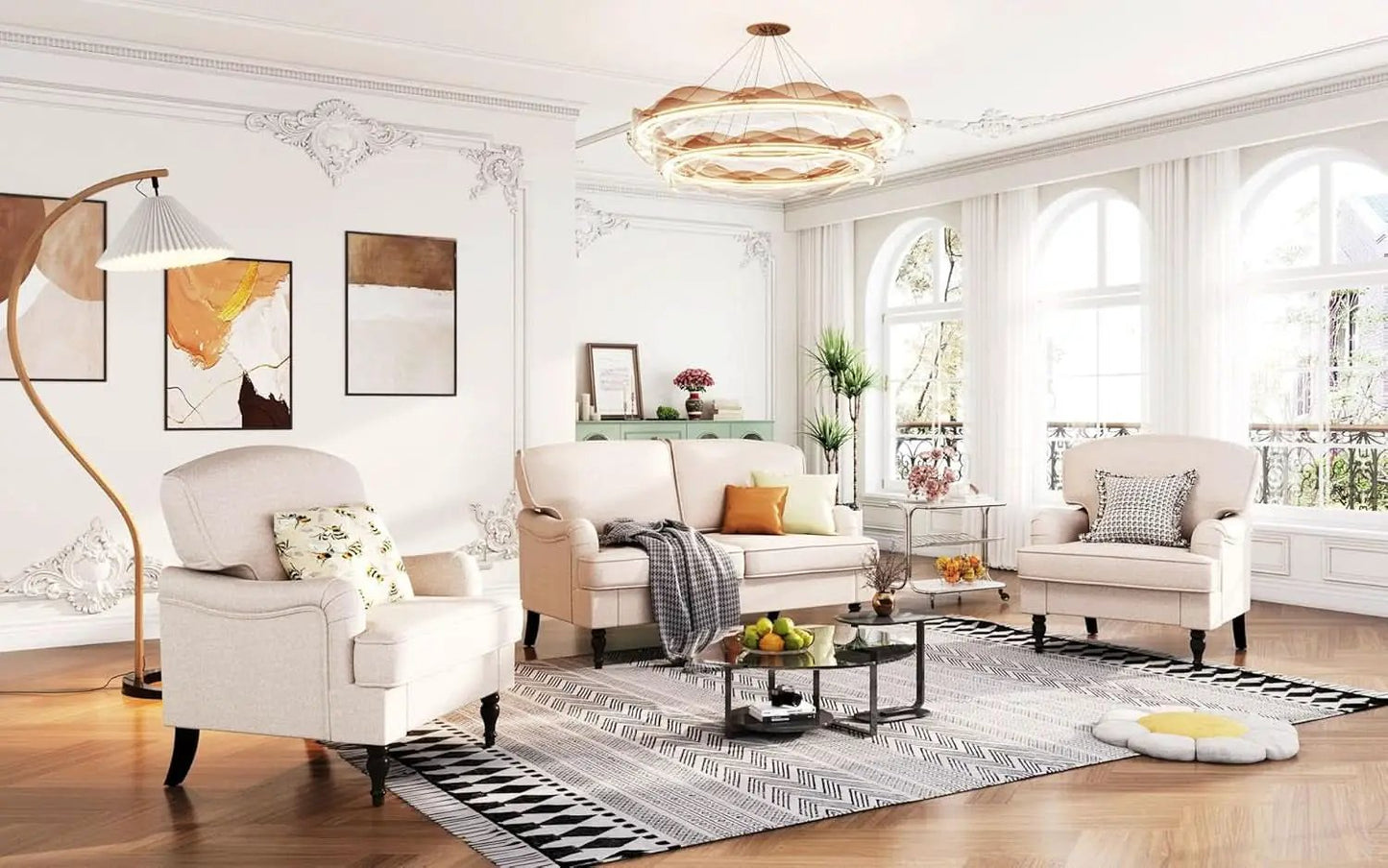 Three Piece Living Room Furniture Set With Linen Fabric Loveseat And Two Accent Chairs Off White from PriceLows™