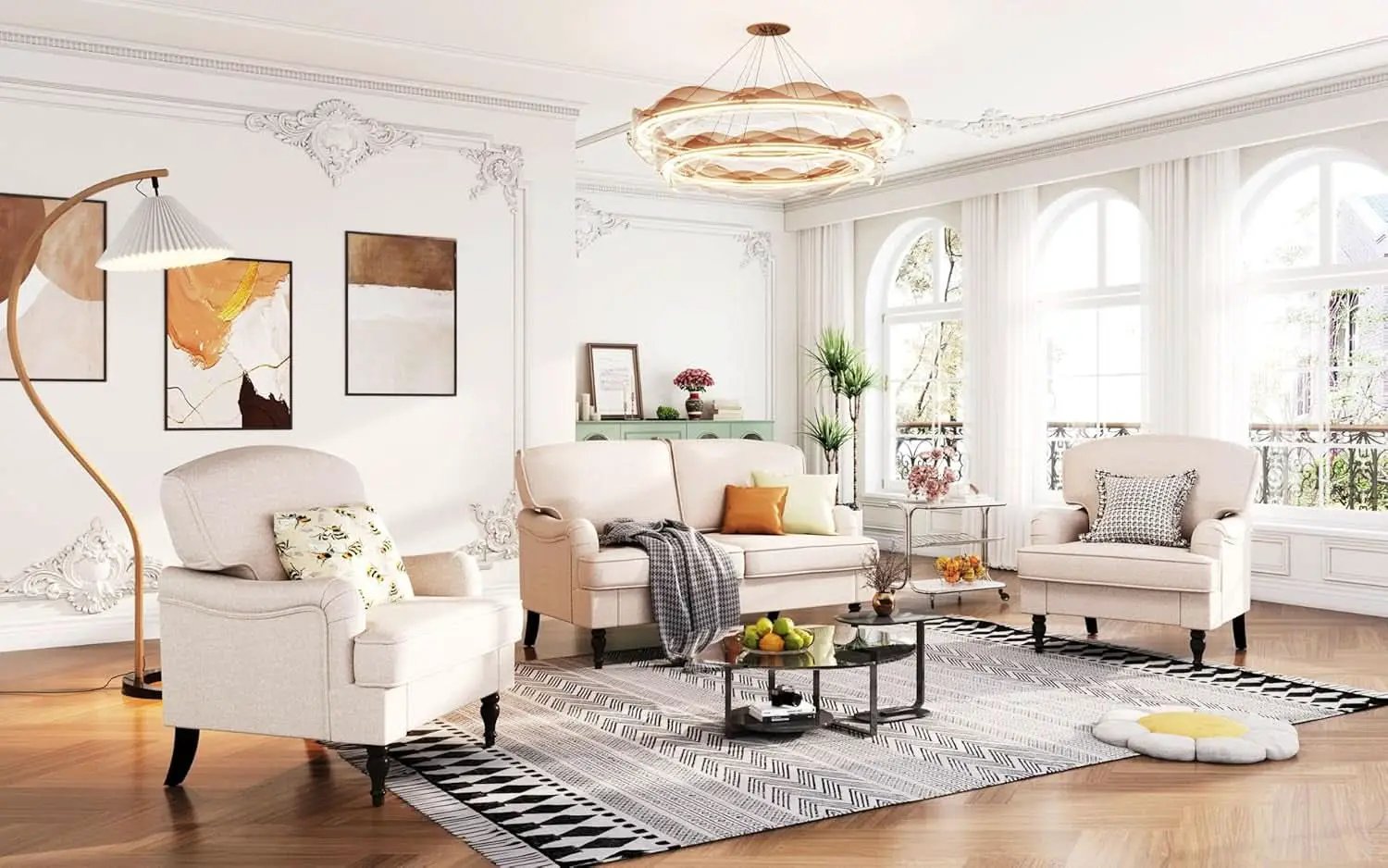 Three Piece Living Room Furniture Set With Linen Fabric Loveseat And Two Accent Chairs Off White from PriceLows™