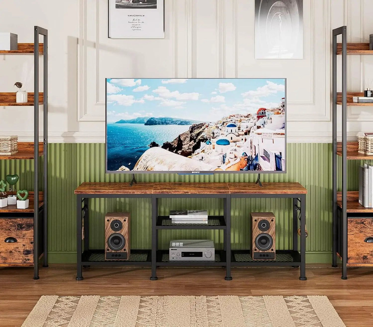 Rustic Brown TV Stand For 55 Inch With Open Storage Shelves from PriceLows™