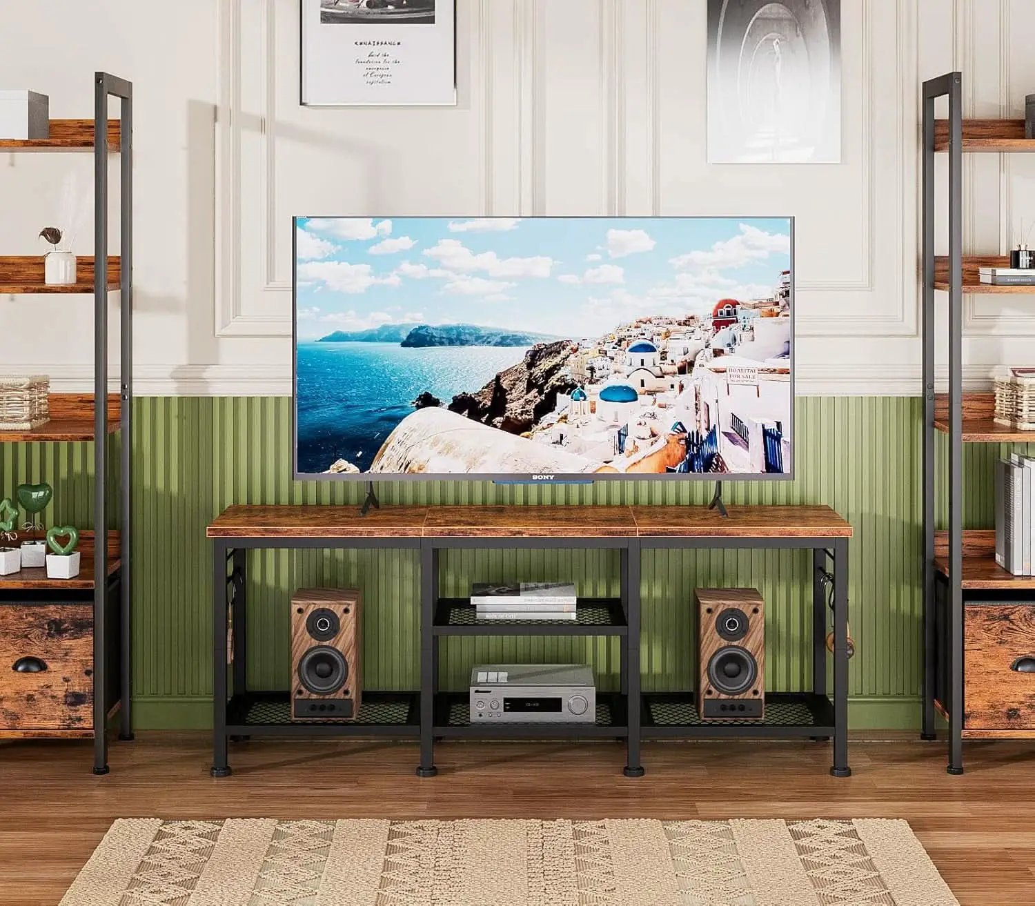Rustic Brown TV Stand For 55 Inch With Open Storage Shelves from PriceLows™