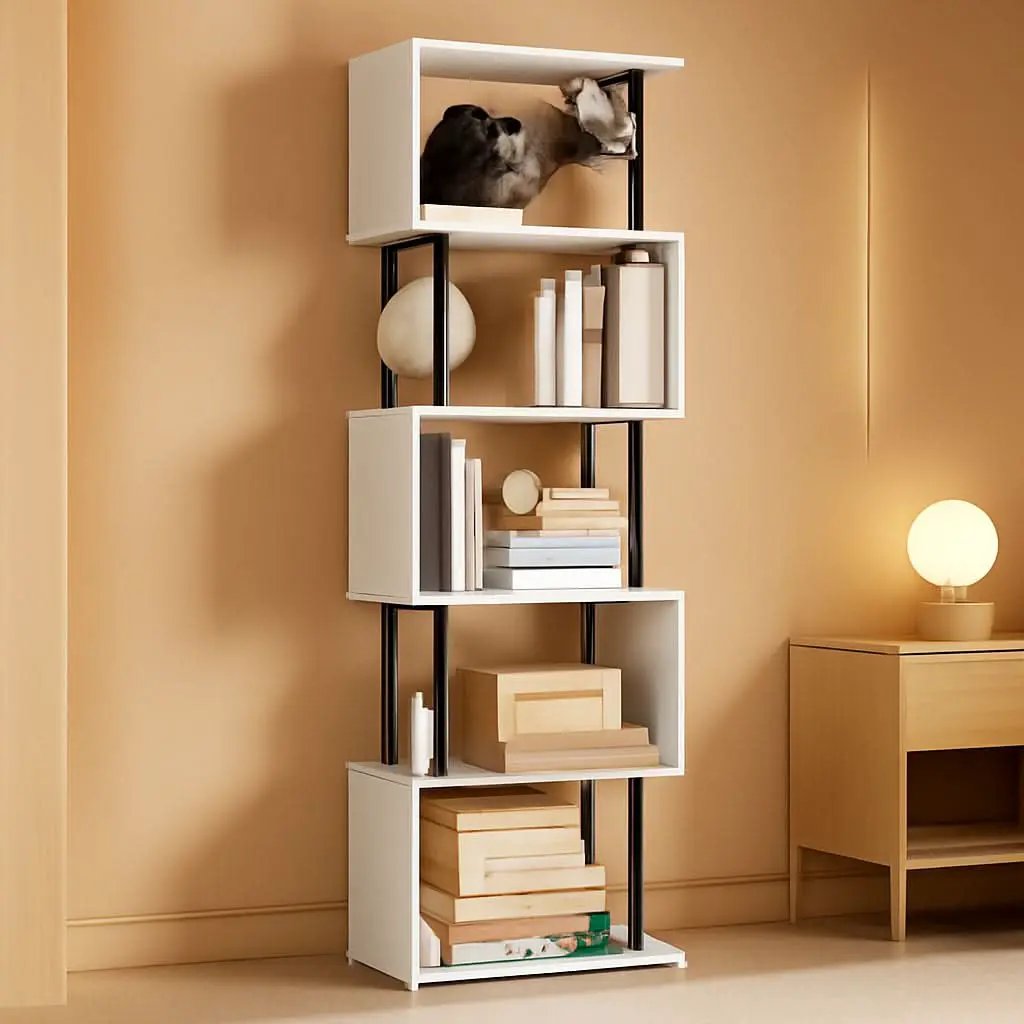 Five Tier Bookshelf White Bookcase Living Room Furniture from PriceLows™