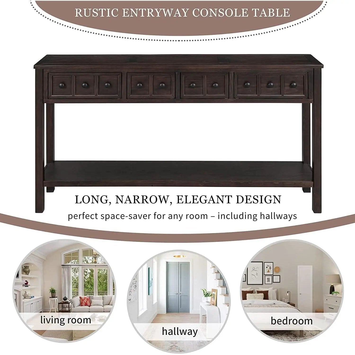 Rustic 60 Inch Console Table With Drawers And Shelf from PriceLows™