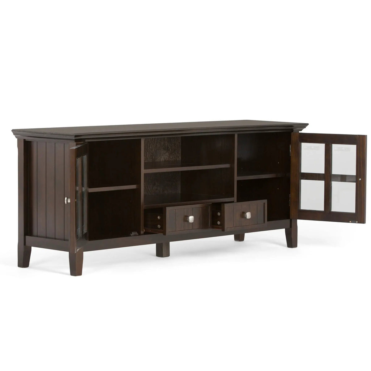 Acadian TV Media Stand | Handcrafted Solid Wood | 2 Bottom Drawers | Tempered Glass Side Cabinets