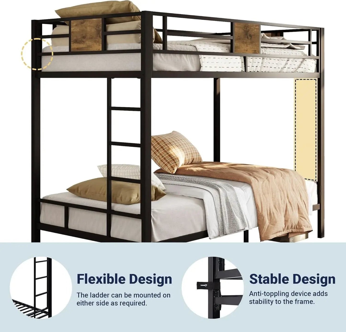 Twin Over Twin Bunk Bed Black Space Saving Metal Frame from PriceLows™