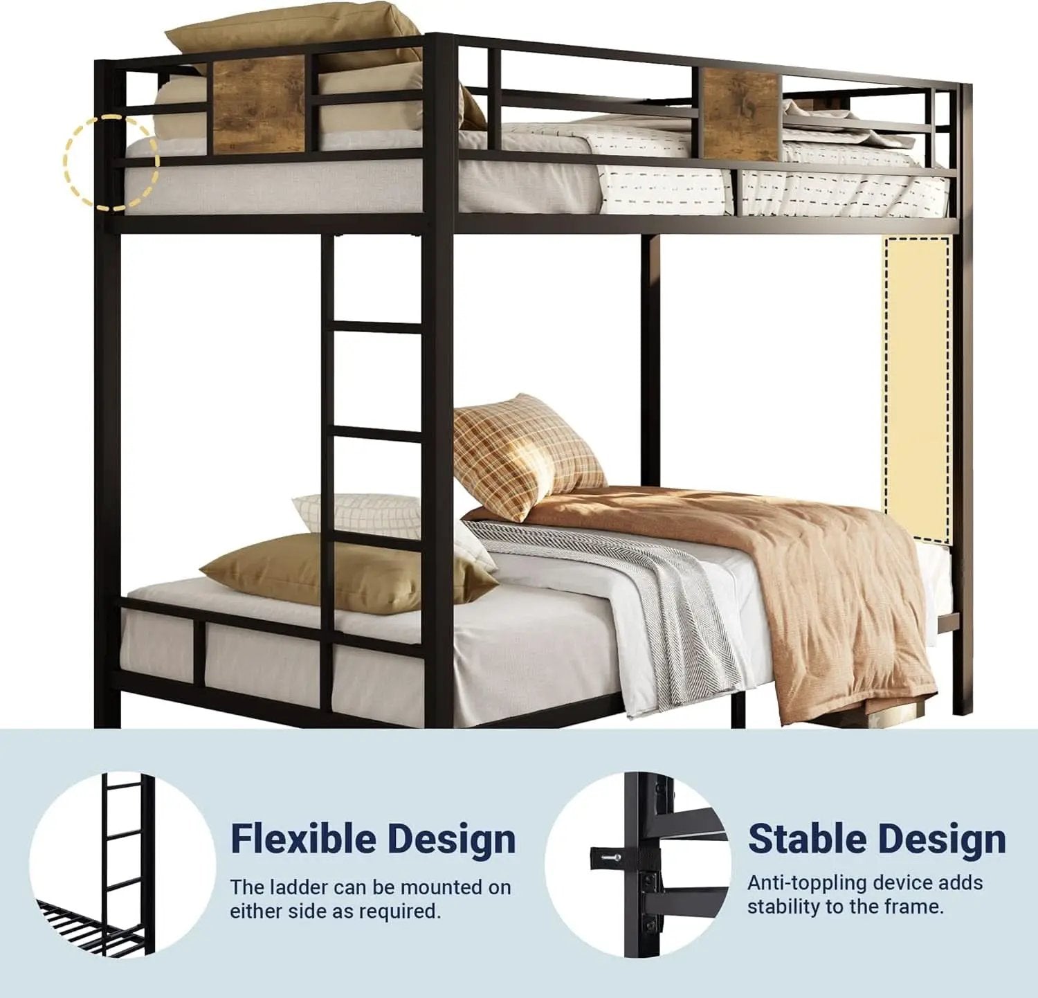 Twin Over Twin Bunk Bed Black Space Saving Metal Frame from PriceLows™